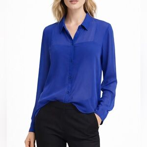 Trouvé 100% Silk Royal Blue Sheer Button Front Blouse luxurious Top Size LG